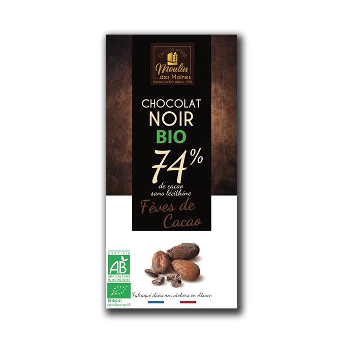 Tablette Chocolat noir 74% aux éclats de fèves de cacao bio - 100g