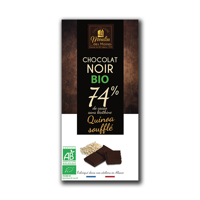 Tablette Chocolat noir 74% au quinoa bio - 100g
